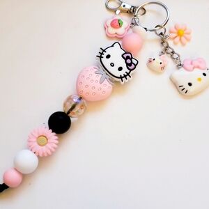Handmade Kawaii Black Pink White Strawberry Flower Hello Kitty Keychain